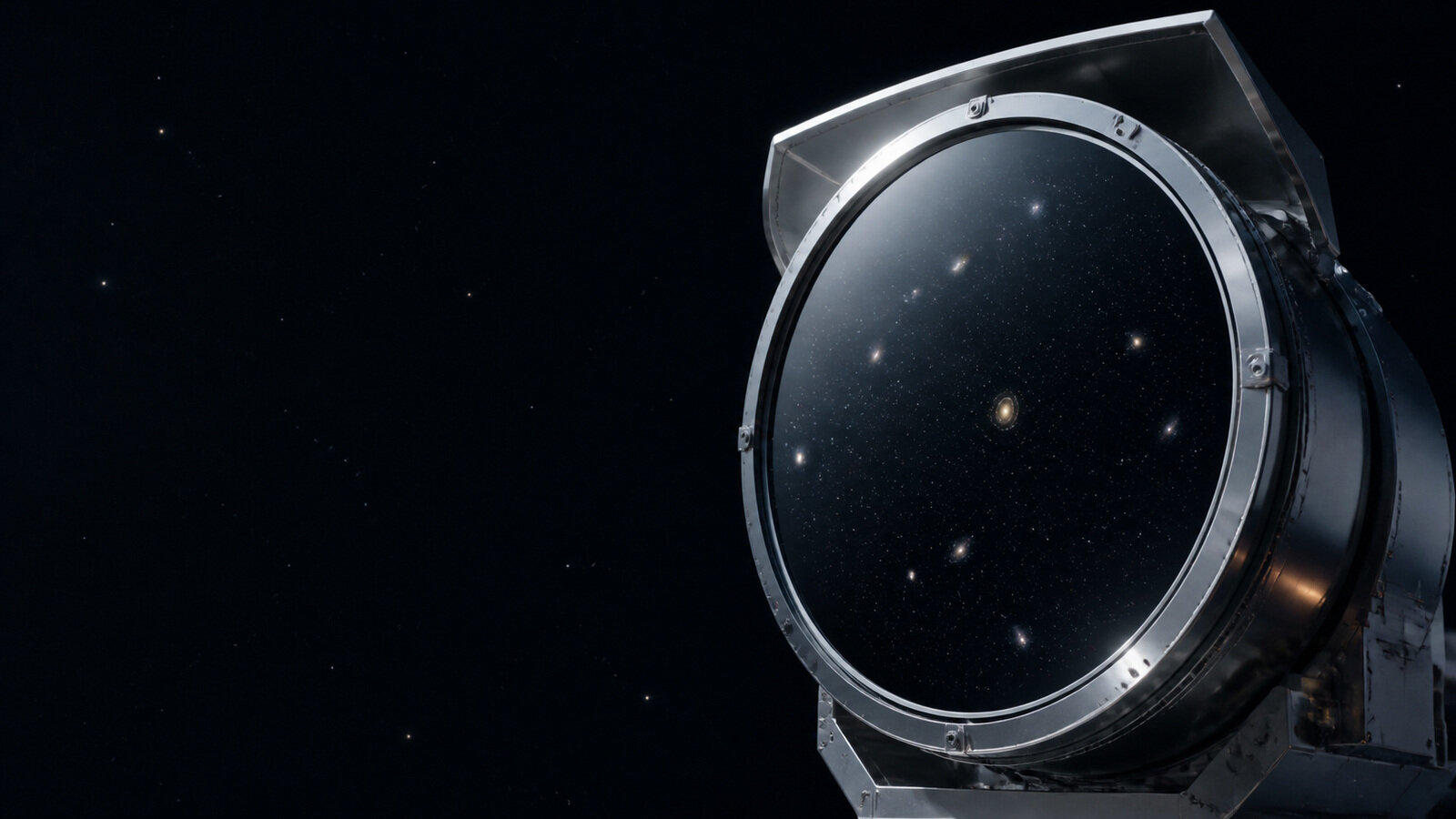 AI-illusztráció: képzeletbeli ezüstös teleszkóptükörben csillagok és galaxisok tükröződnek; nem a Roman műszaki ábrája.