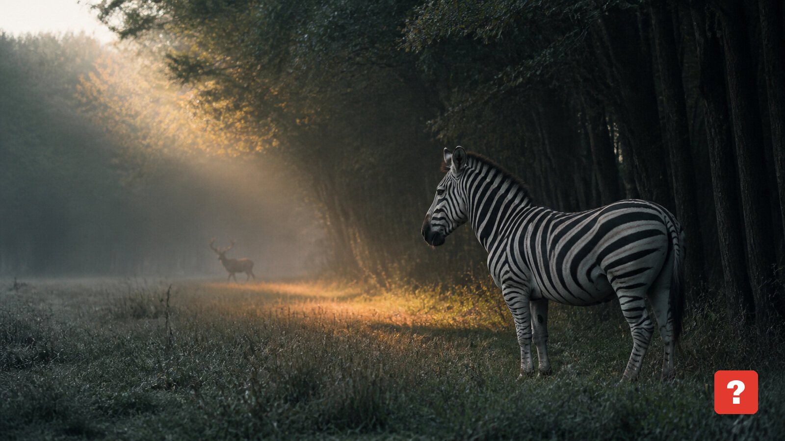 AI-illusztráció: zebra áll egy magyar lombos erdő szélén, a háttérben szarvas látszik. A jelenet gondolatkísérlet, nem valós megfigyelés.